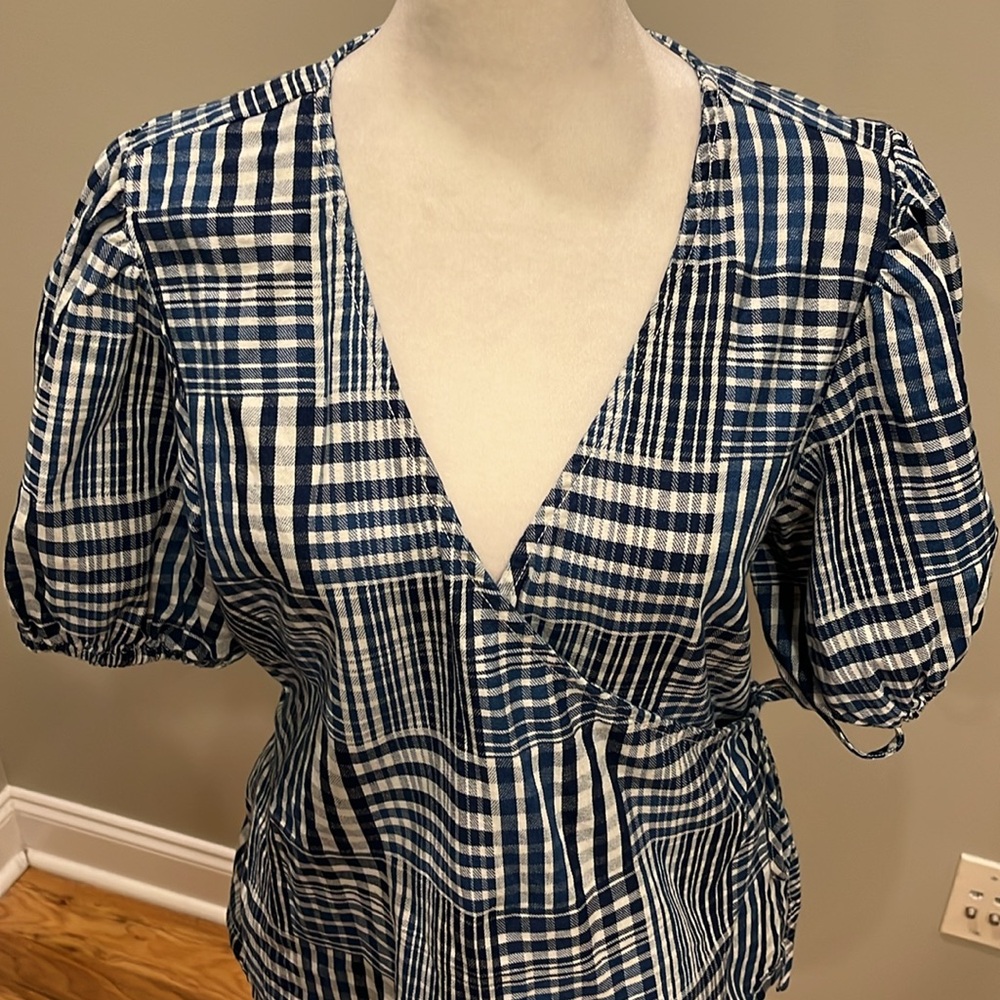 J. Crew Plaid Puff Sleeve Wrap Top - Picture 4 of 8